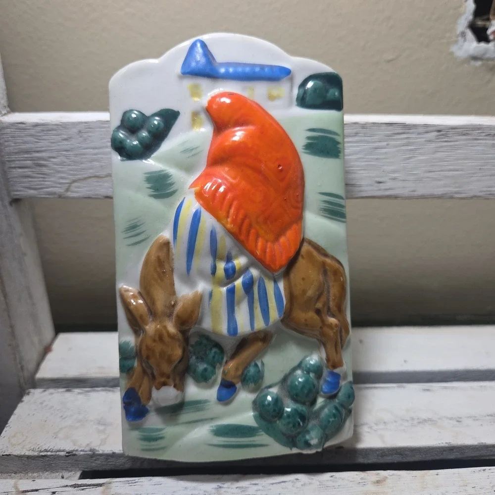Vintage Japan Christmas Themed Mary Sitting Donkey Wall Pocket Religious Decor